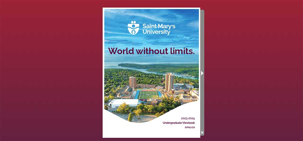 A cover of a brochure featuring an aerial shot of campus.