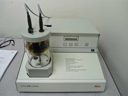 Leica EM CED-030 carbon coater. Used for coating samples in thin carbon for electron microscopy and electron microprobe analysis. Contact: Randy Corney