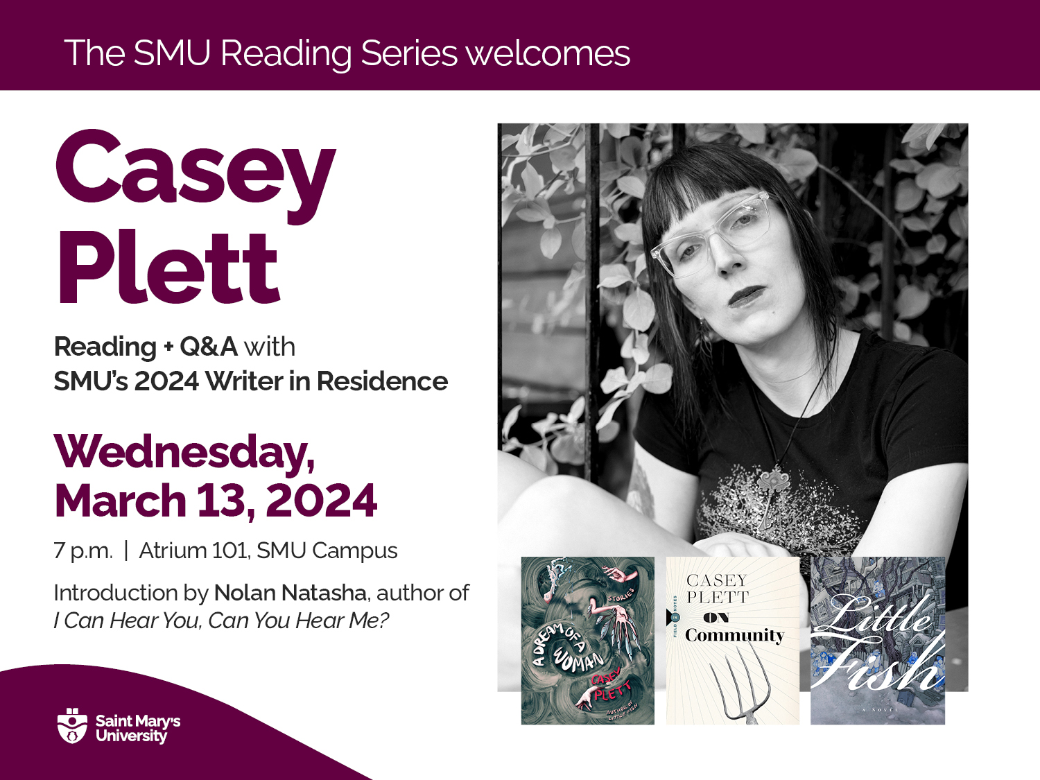 A poster of SMU Reading Series Event with Casey Plett.