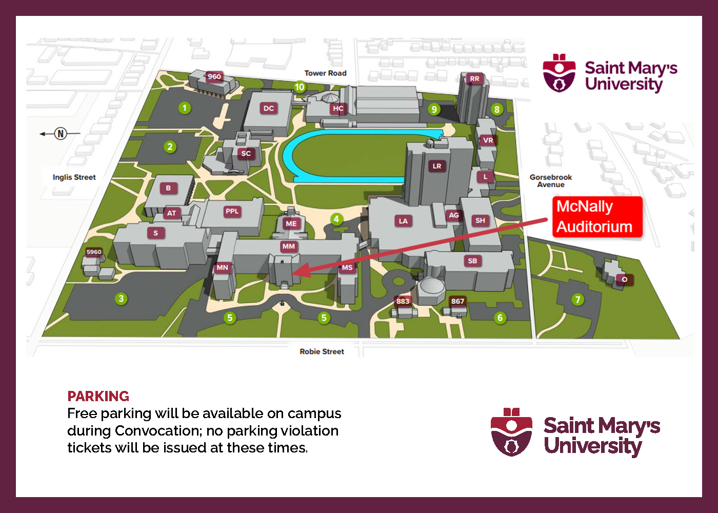 A map of campus showing the location of the McNally Auditorium