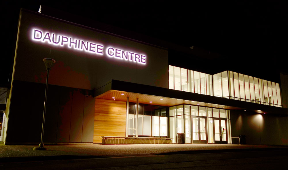 Dauphinee Centre viewed from the front of the building at night