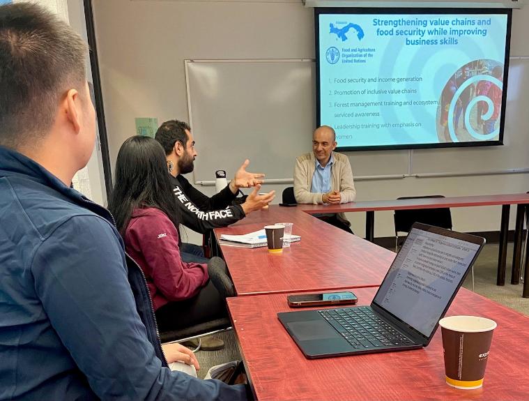 Fredy Duque, FSC Indigenous Foundation, speaks to GDS students on enhancing Indigenous entrepreneurship, protecting ecosystems in partnership with indigenous peoples and the importance of locally driven initiatives, ancestral knowledge, and indigenous cosmologies