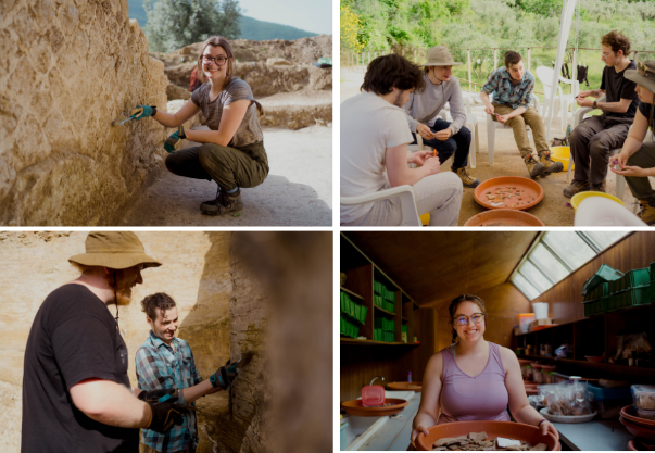 Four images depict students working at an outdoor archelogical site in Italy. Some are using tools to uncover walls, others walk with equipment.