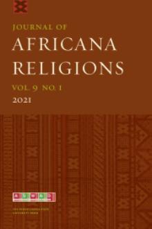 Cover of the Journal of Africana Religion which is a warm red brown colour with an african print in a deeper brown colour on the bottom half below the text