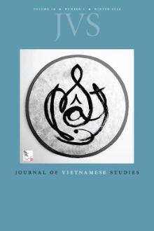 The cover of the Journal of Vietnamese Studies featuring a photo of a round work of black in calligraphy on a solid blue background