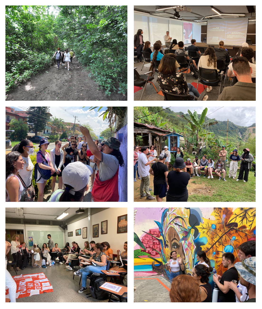 A picture collage presenting students in different locations and diverse experiences during the field school in Colombia