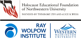 The logos of The Holocaust Educational Foundation of Northwestern University featuring flames and Hebrew script and the Ray Wolpow Institiute at Western Washington University featuring a mountain and a blue swirl