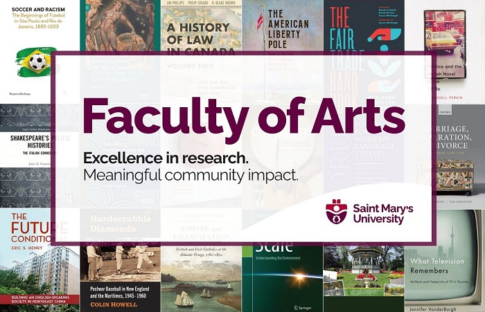 The front of a postcard promoting research in the Faculty of Arts. A white text block is surrounded by covers of books published by Arts faculty members.
