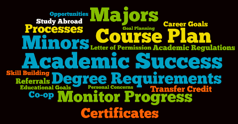 Word cloud of things you can ask about in your academic advising appointment. (Ex. co-op, course plans, degree requirements, majors, career plans)