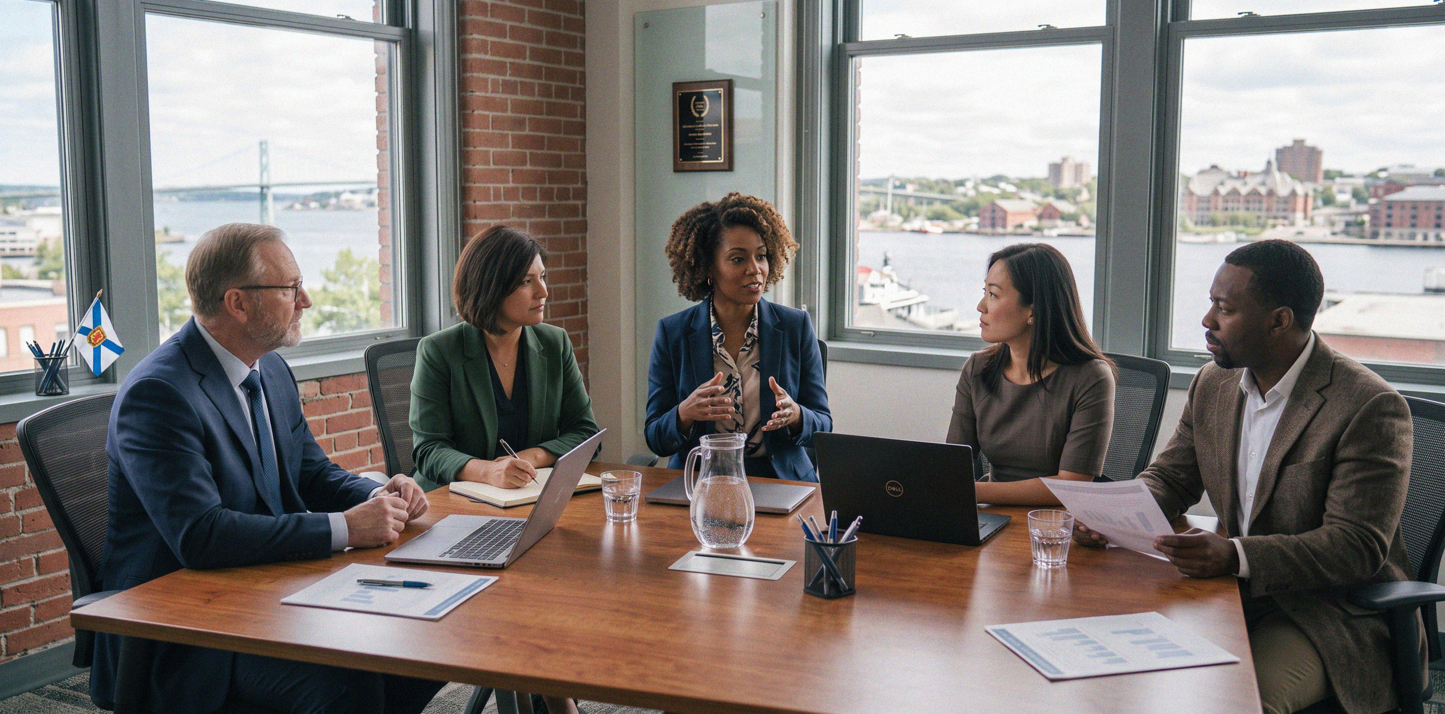 A woman leads a meeting with Halifax Harbour in the background.