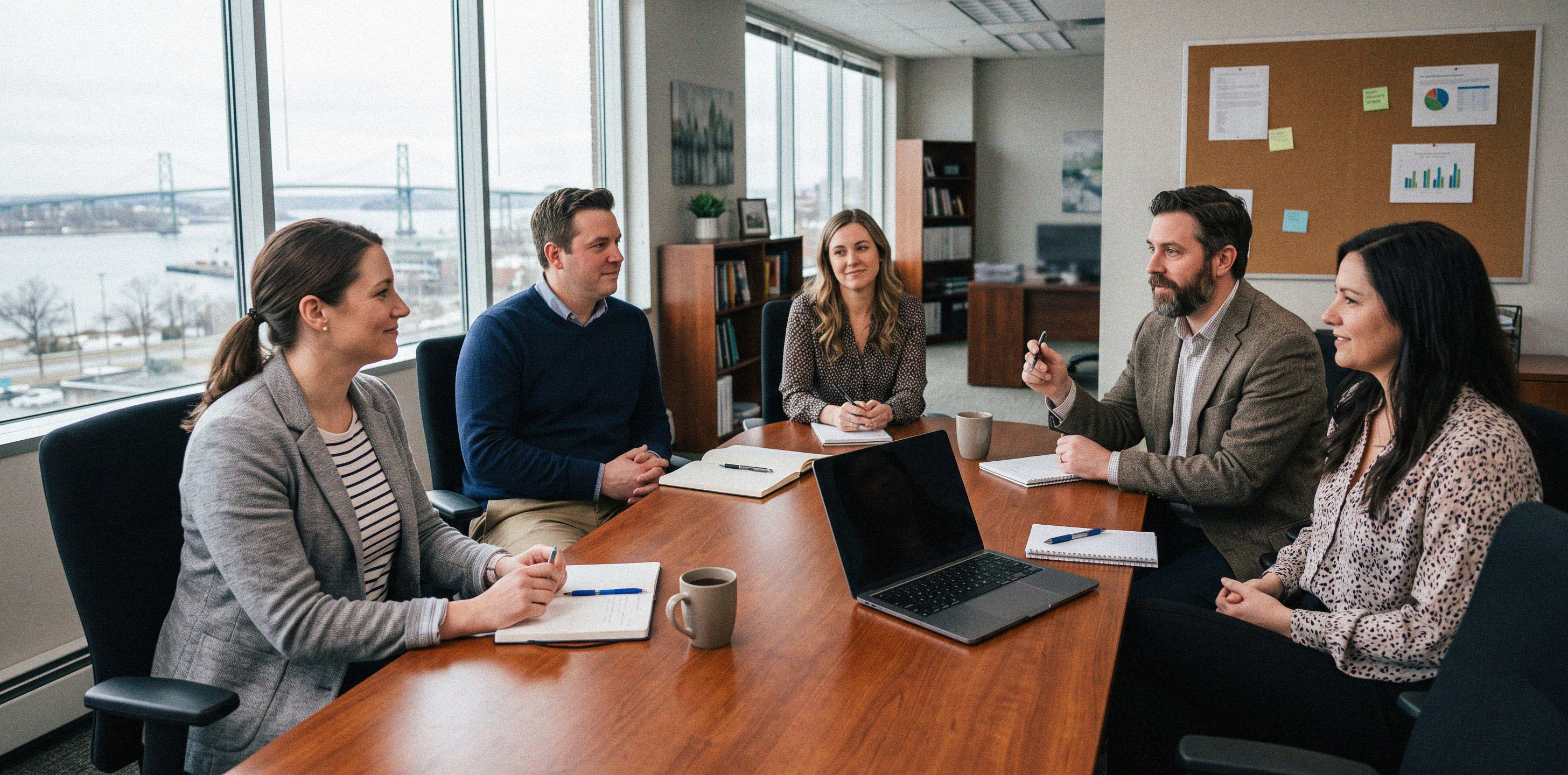 An office meeting of six people with Halifax Harbour in the background.