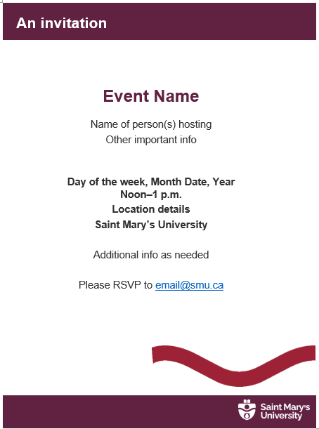 A sample email invitation with an event name and details.