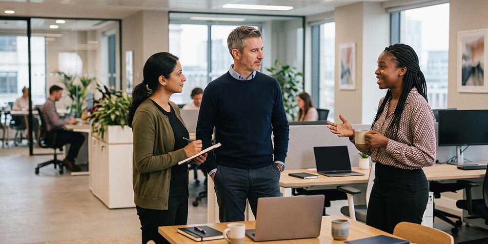 Three people are having a standing conversation in an office space.