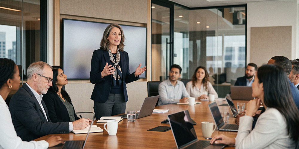 A woman is explaining something to a boardroom full of people.