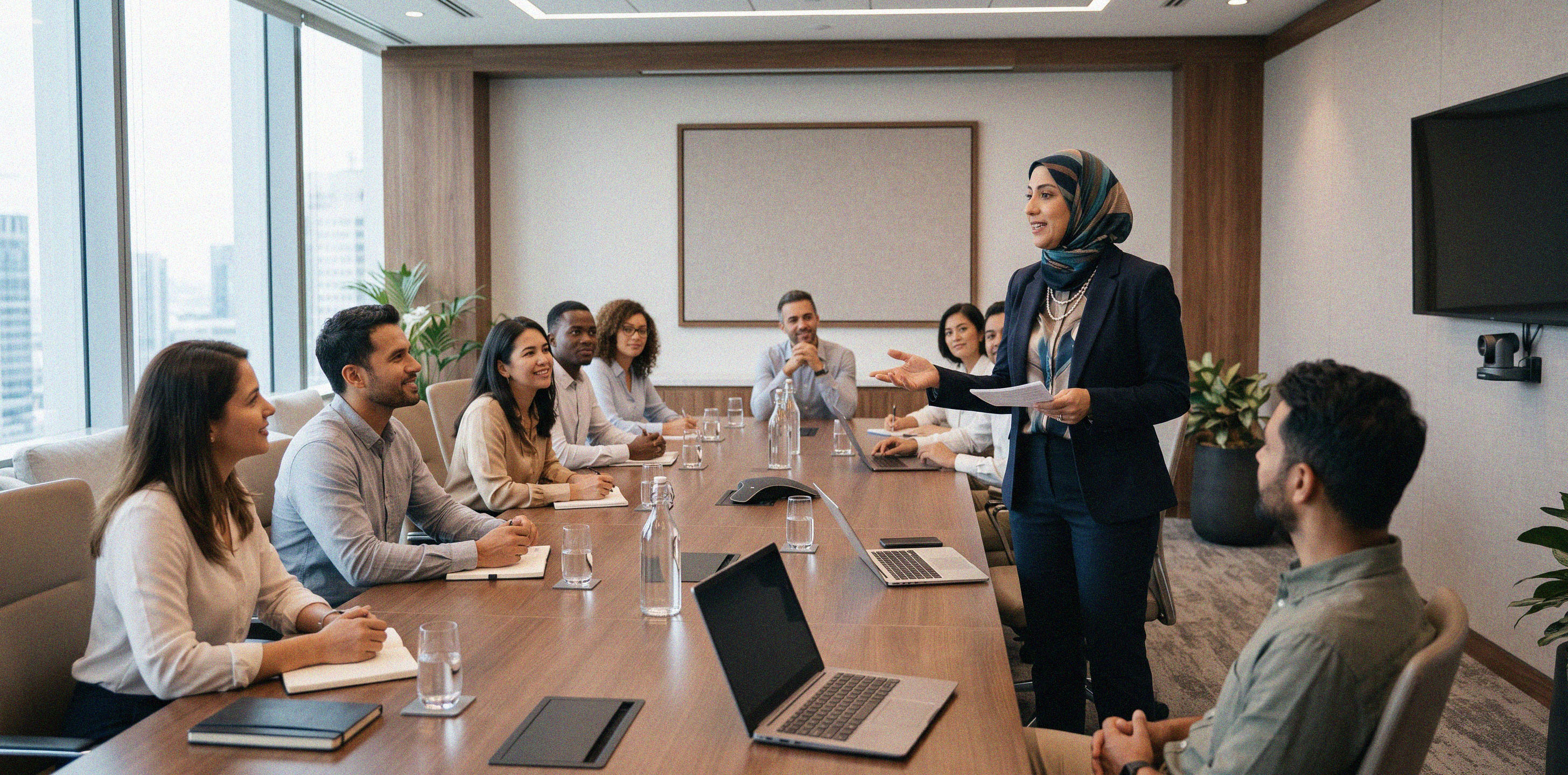 A woman is speaking in front of a boardroom of people.