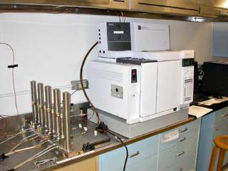 Wasson ECE-Agilent  7890A gas chromatograph with TCD and 2 FID and 4 stainless steel rock crushing pistons for analyzing volatiles released from crushed rock samples (down to 0.1 g sample) for H2O, CO2, H2S, COS, and hydrocarbons (aliphatics, olefin and paraffin, xylenes, benzene) up to C6 (routinely quantified) and to C9 (qualitative) to a detection limit of 30 ppm. Contact: Jacob Hanley